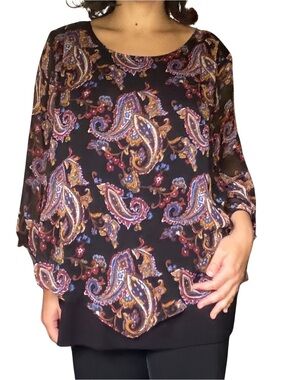 AGB Woman Black Paisley Print Blouse Sz 1X Short Sleeve Scoop Neck Plus Boho Top